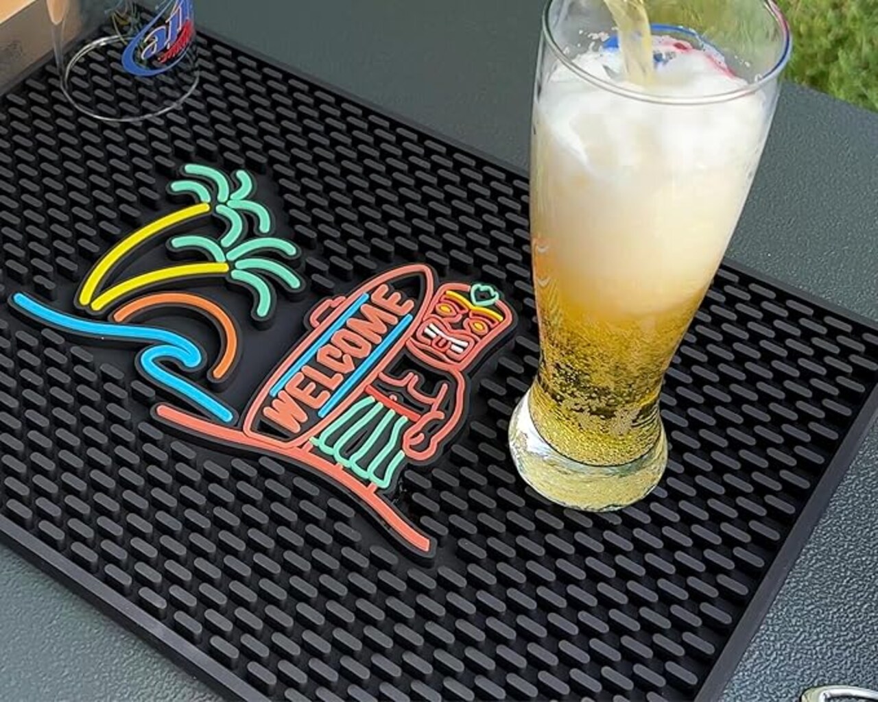 Tiki Bar Mats for Countertop 18 x 12 Tiki Bar Decor Mat Unique Tiki Man Warrior Design, Surfboard Welcome Greeting, Wave, Palm Tree, and Sunset Tiki Decor, Outdoor Tiki Bar Sign and Luau Party Decorations